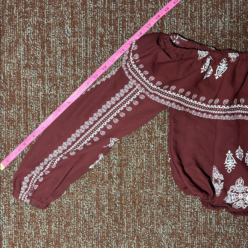 Boho crop top off the shoulder bohemian print ruffle neckline long sleeve top Xs - Picture 6 of 8